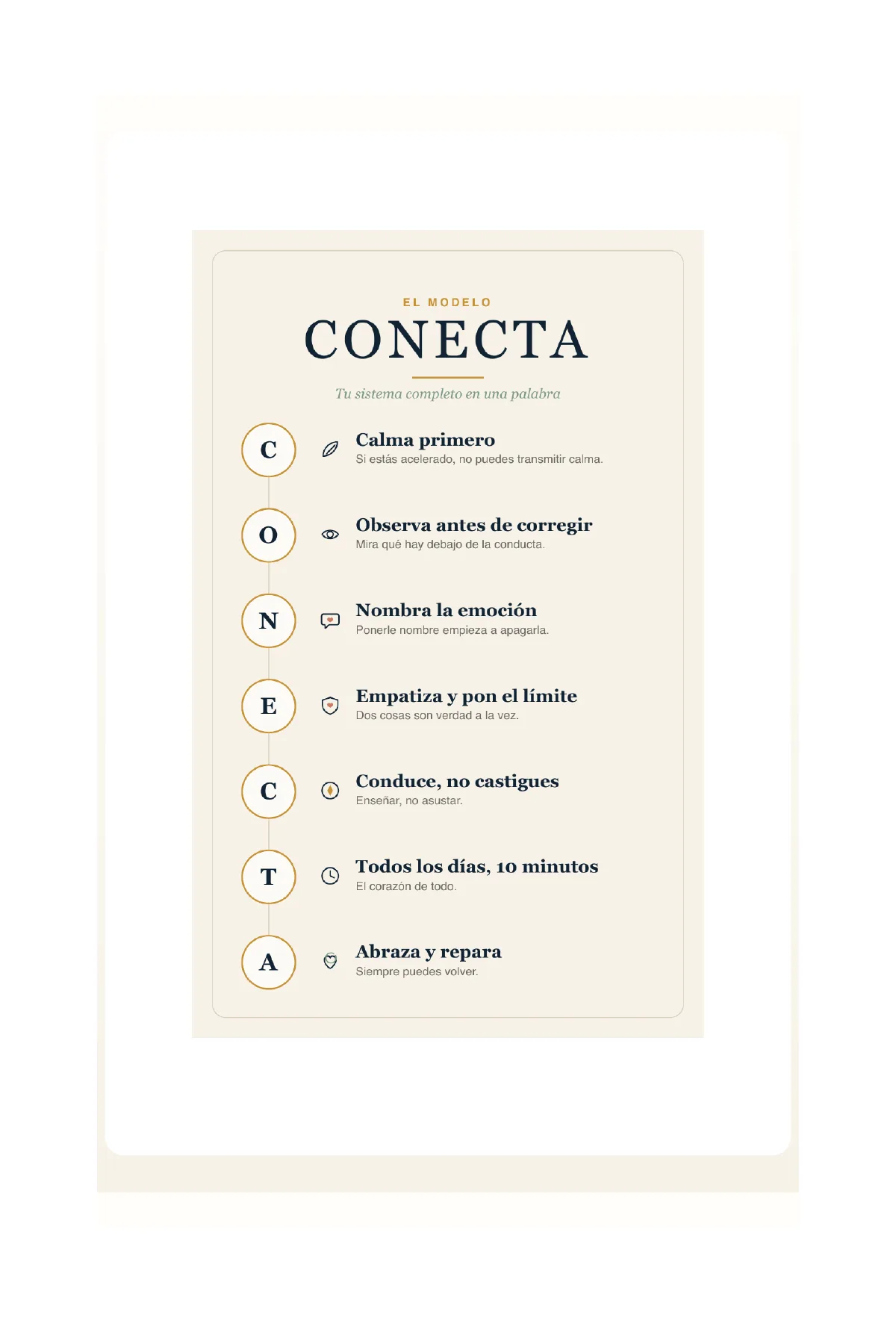 Página del libro con el modelo CONECTA: las siete letras del sistema