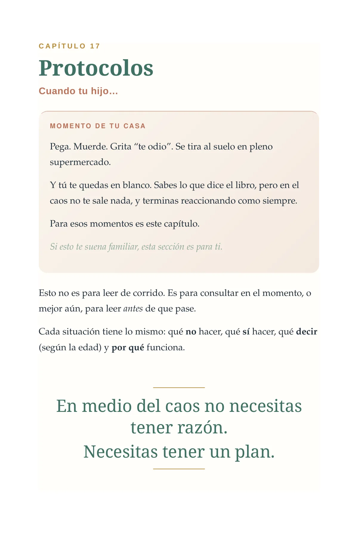Página del libro que abre el capítulo de protocolos: qué no hacer, qué sí hacer y qué decir